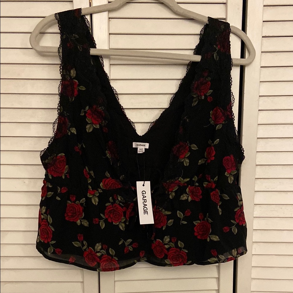 Garage Black Top with Red Floral Design